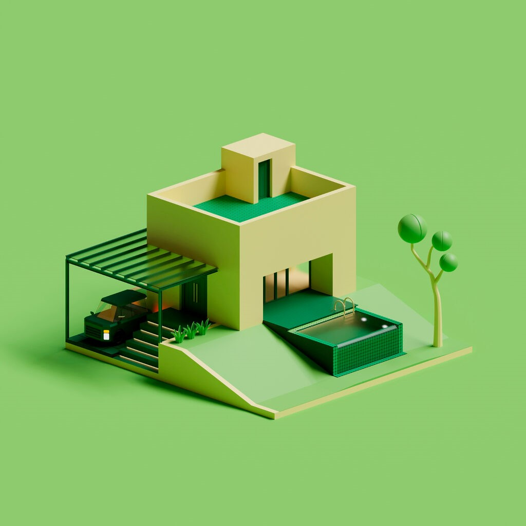 illustration en 3D d'une maison cubique avec toit terrasse, pergola et une piscine, sur un fond vert