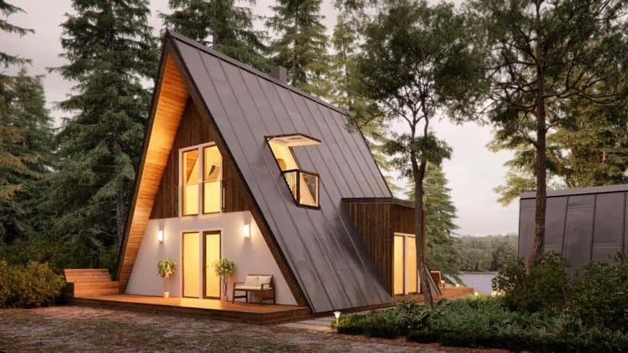 illustration 3D d'une maison en A blanche et bois avec un toit gris, sur un fond de forêt.