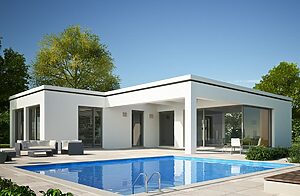 illustration maison de plain pied blanche avec une piscine sur la devanture et un fond de ciel bleu et arbres
