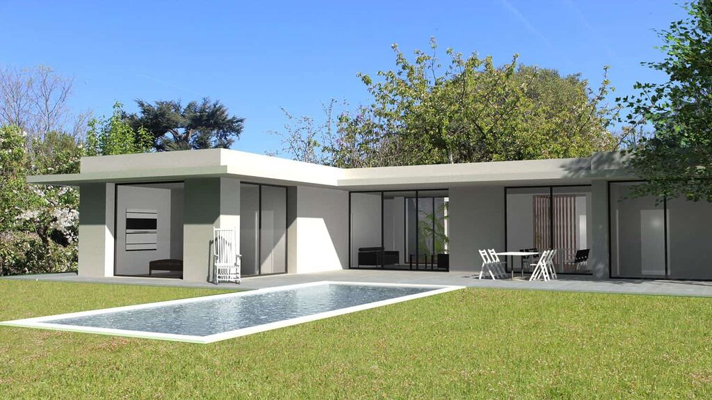illustration d'une maison plain pied moderne blanche et taupe, avec une terrasse, une pelouse et une piscine avec des arbres en arrière plan.